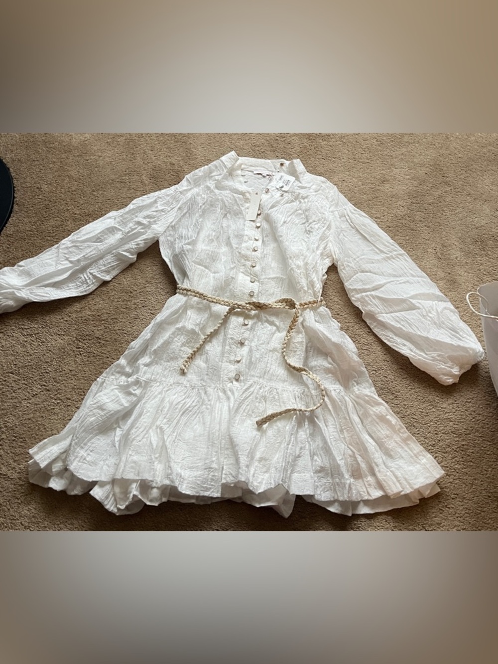 Olivaceous White Textured Button-Front Top/Dress with gold belt size medium